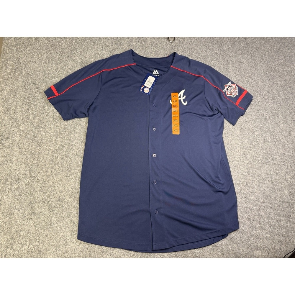 Men's Majestic Atlanta Braves Button Up Jersey Shirt Size XXL New Blue